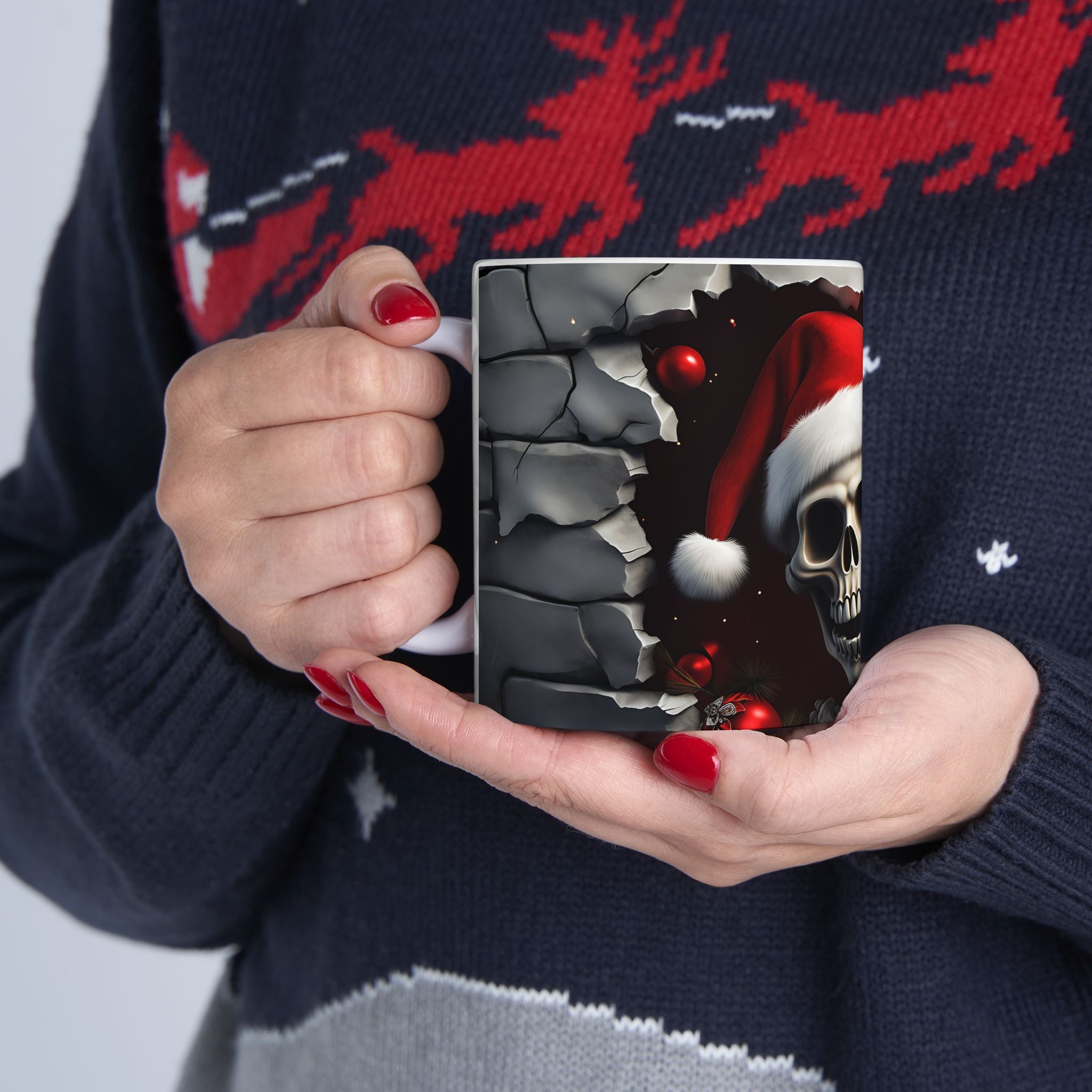 Santa Skeleton Mug | Halloween Decor, Christmas Gift, Unique Ceramic Mug, Skull Print, Holiday Drinkware