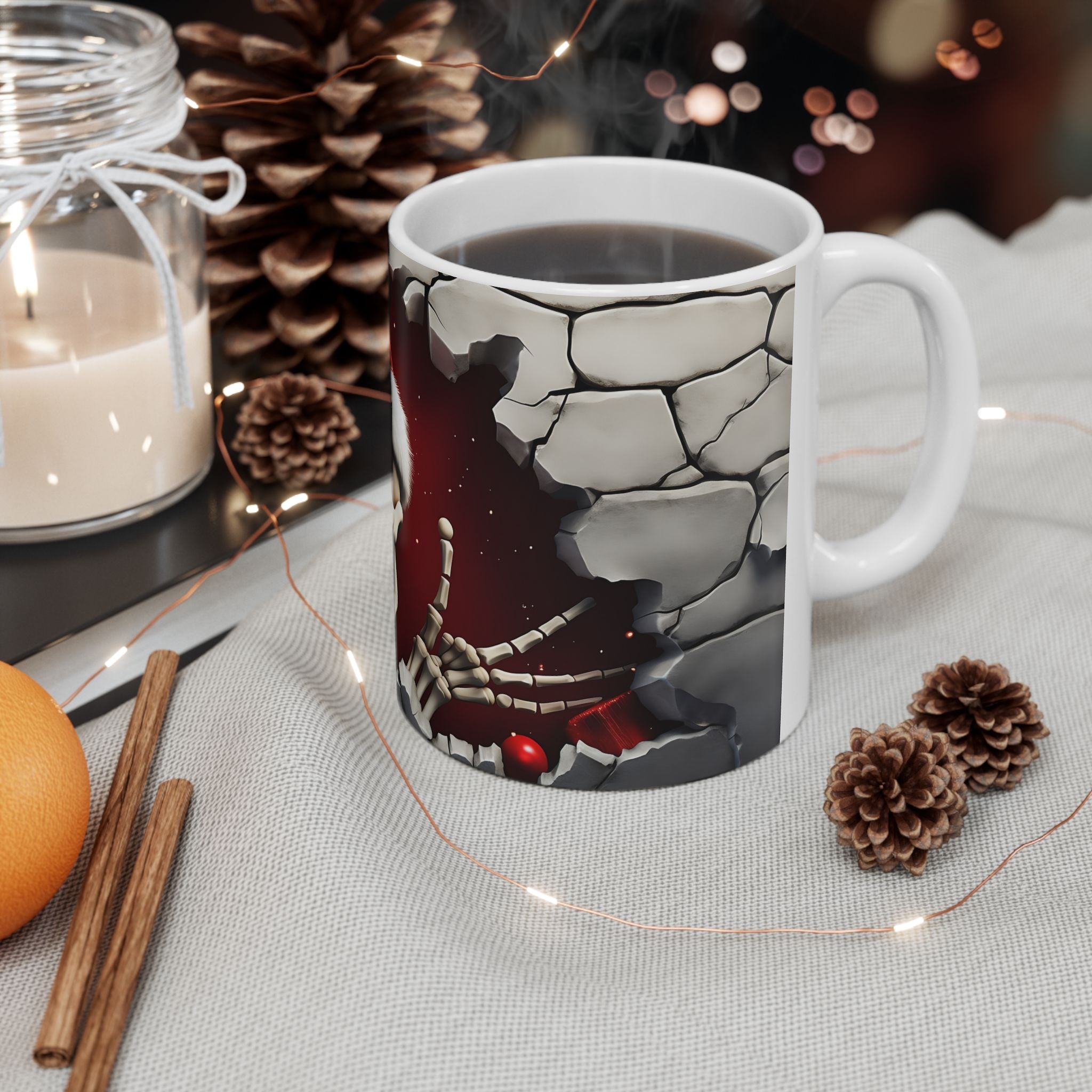 Santa Skeleton Mug | Halloween Decor, Christmas Gift, Unique Ceramic Mug, Skull Print, Holiday Drinkware