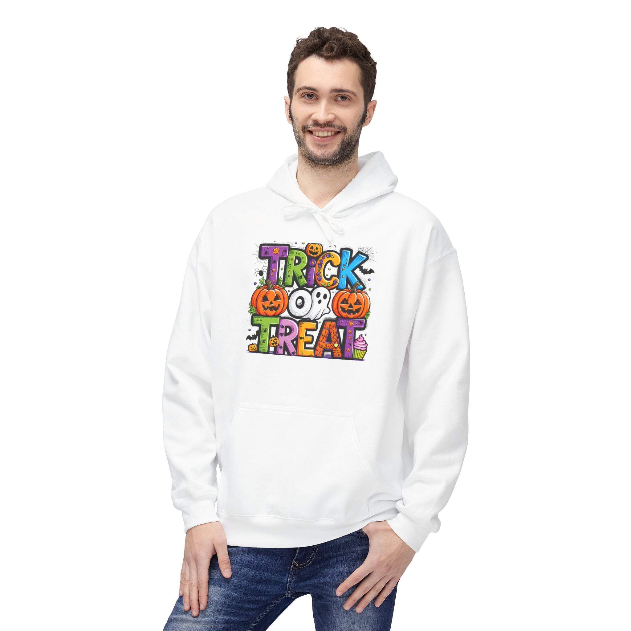 Halloween Trick or Treat Hoodie, Unisex Fleece Hooded Sweatshirt, Fall Fashion, Pumpkin Costume, Cozy Autumn Wear, Gift for Halloween