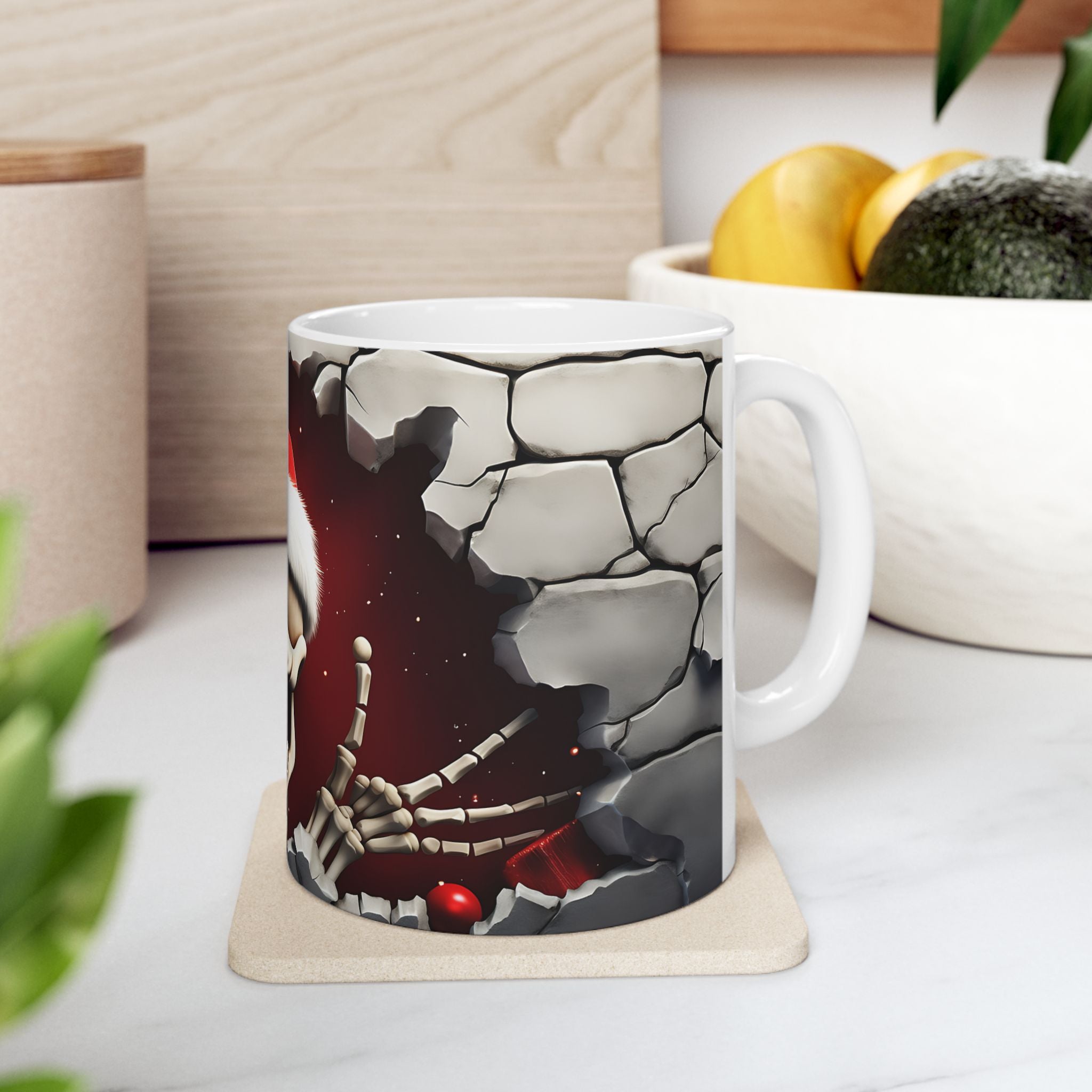Santa Skeleton Mug | Halloween Decor, Christmas Gift, Unique Ceramic Mug, Skull Print, Holiday Drinkware