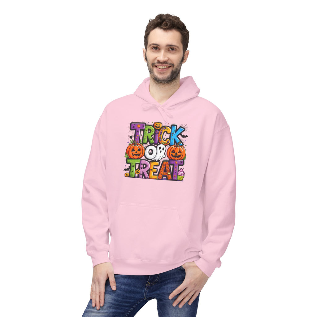Halloween Trick or Treat Hoodie, Unisex Fleece Hooded Sweatshirt, Fall Fashion, Pumpkin Costume, Cozy Autumn Wear, Gift for Halloween