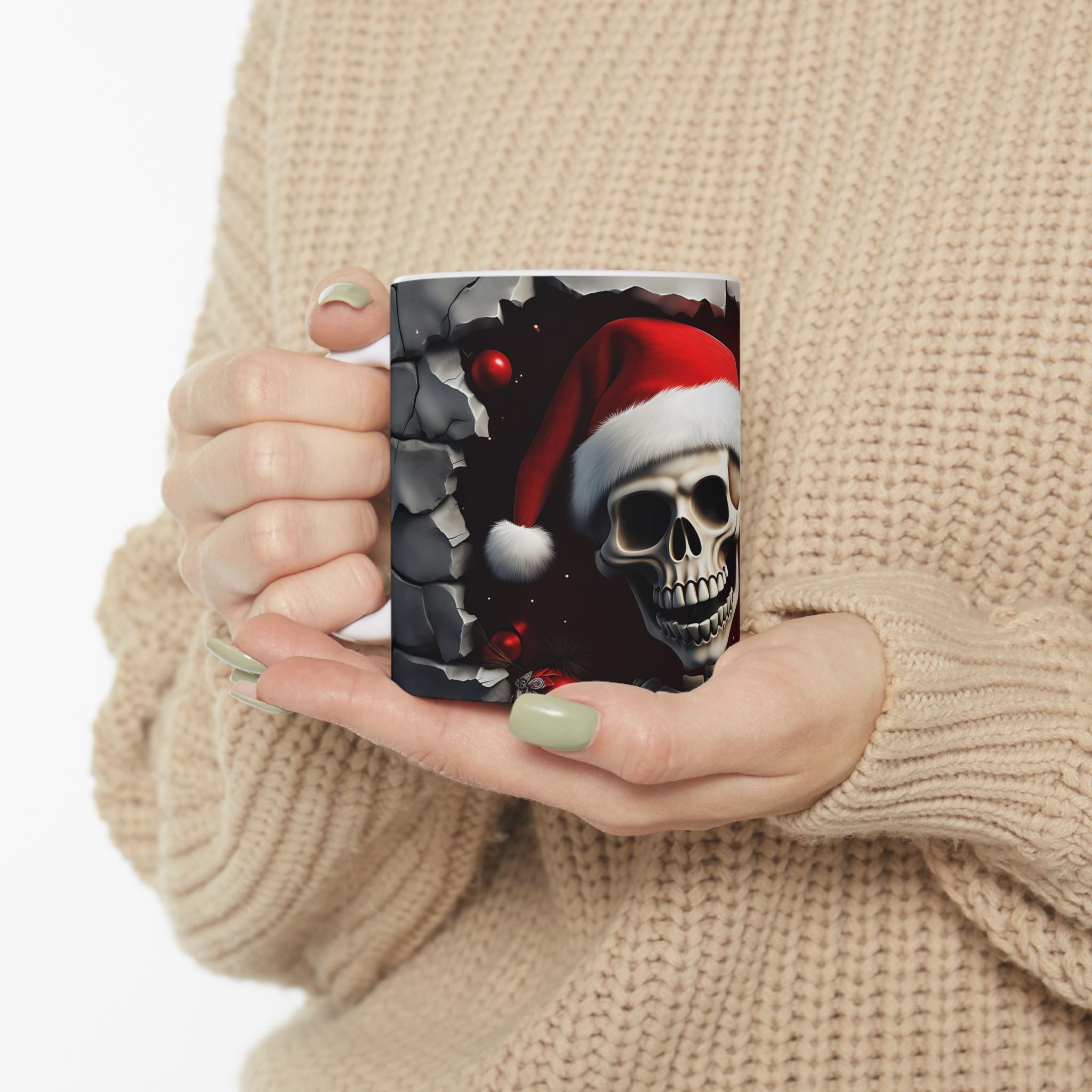 Santa Skeleton Mug | Halloween Decor, Christmas Gift, Unique Ceramic Mug, Skull Print, Holiday Drinkware
