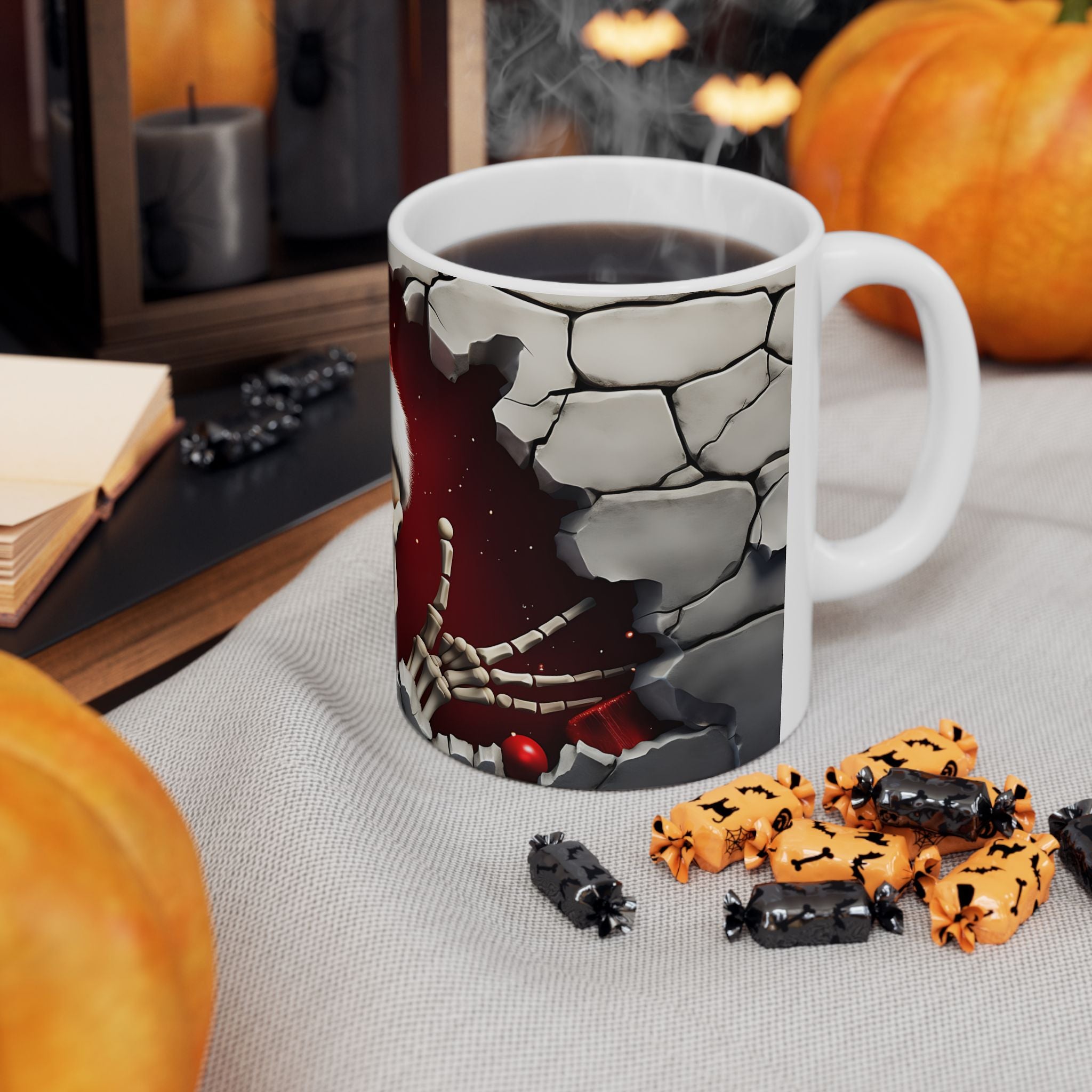 Santa Skeleton Mug | Halloween Decor, Christmas Gift, Unique Ceramic Mug, Skull Print, Holiday Drinkware