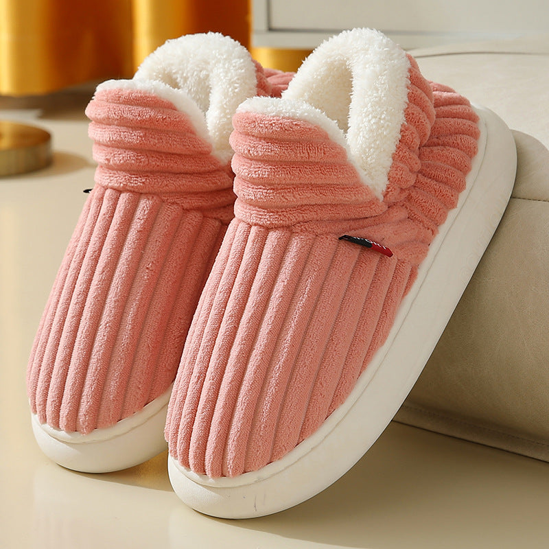 Winter Plush Home Shoes Fashion Solid Color Stripes Floor Bedroom Slippers Indoor Outdoor Garden Shoes for Women Men Couples